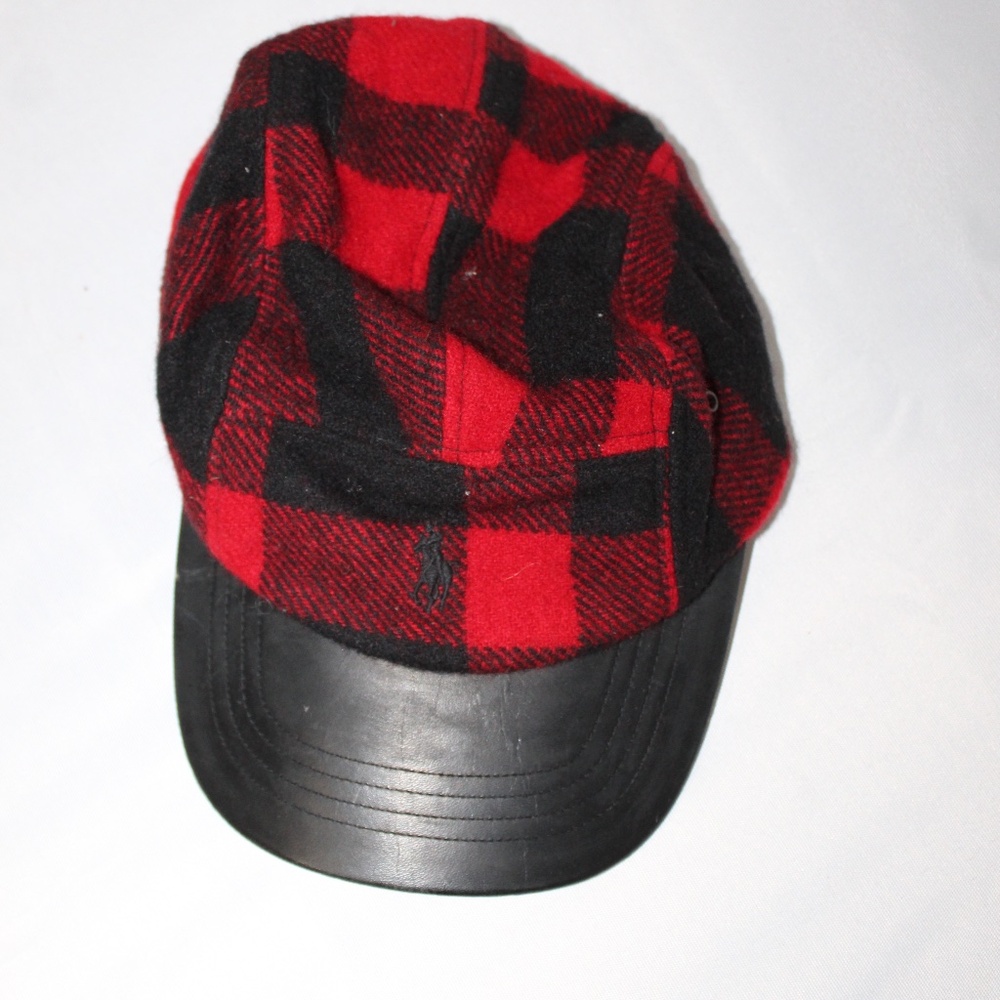 Polo Ralph Lauren Wool Blend Checkered Baseball Cap. Leather Bill & Strap.  Vtg.